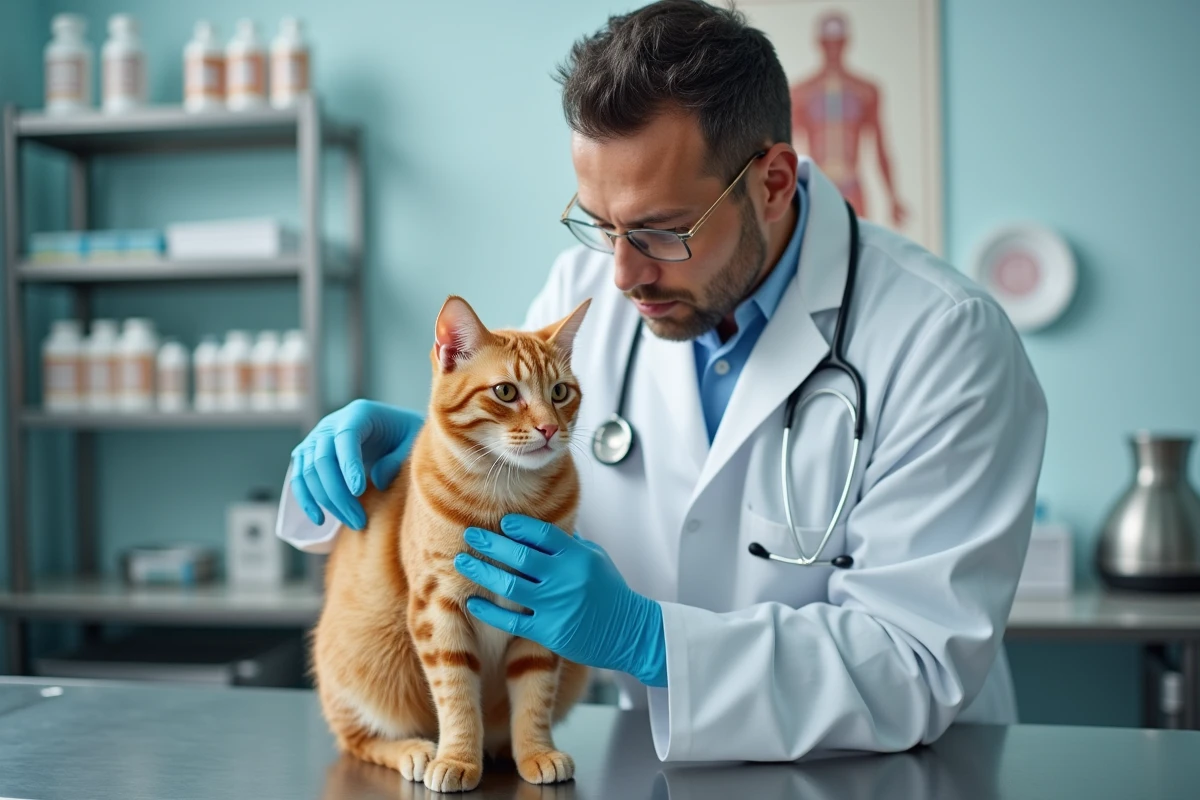 Vétérinaire examinant un chat roux sur une table d'examen en acier inoxydable dans une clinique vétérinaire