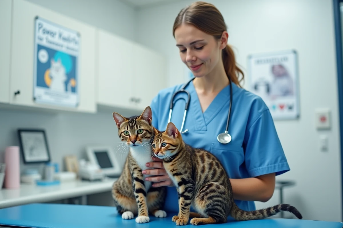 Vétérinaire examinant deux chats sur une table en clinique