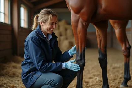 Vétérinaire examinant la jambe d'un cheval dans une écurie en bois, signaux d'alerte santé équine