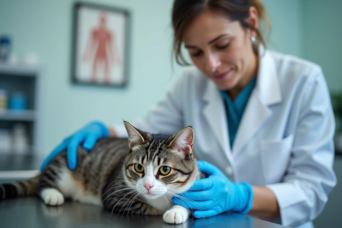 Vétérinaire examinant un chat gris et blanc sur une table d'auscultation en acier, dans un cabinet vétérinaire, pour diagnostiquer la cause des vomissements de mousse