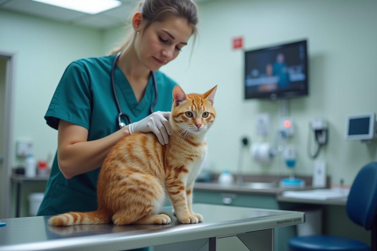Vétérinaire examine un chat roux sur une table d examen