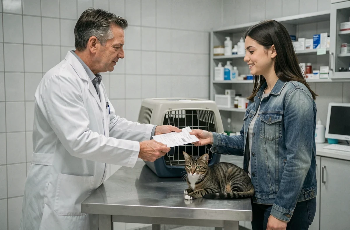 Vétérinaire remettant une facture détaillée à une propriétaire de chat dans une clinique vétérinaire pour remboursement assurance Assur O'Poil