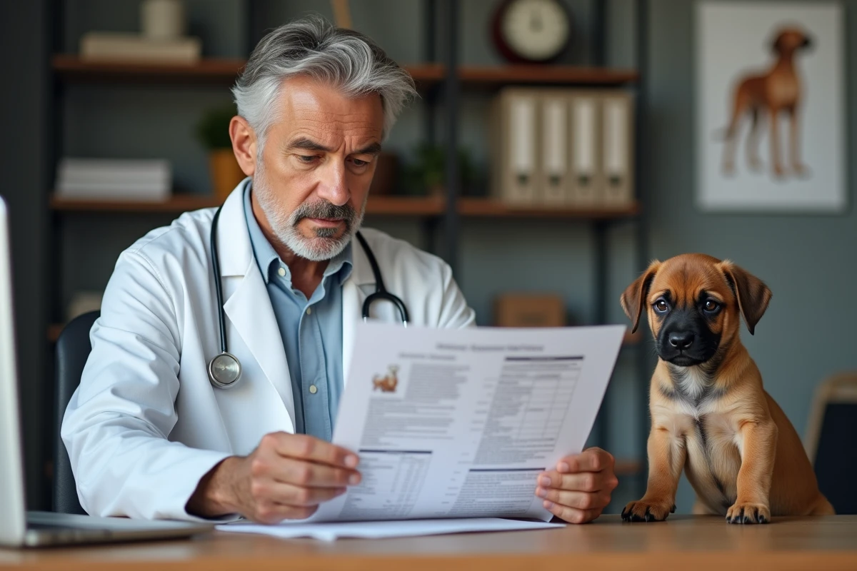 Vétérinaire nutritionniste examinant un plan alimentaire pour un chiot Cane Corso fauve dans un cabinet médical