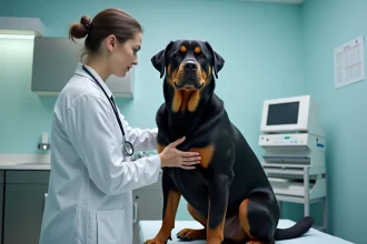Vétérinaire examinant un Rottweiler adulte en cabinet vétérinaire, illustration pour assurance chien races à risques