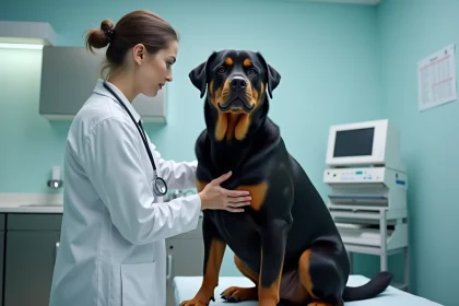 Vétérinaire examinant un Rottweiler adulte en cabinet vétérinaire, illustration pour assurance chien races à risques