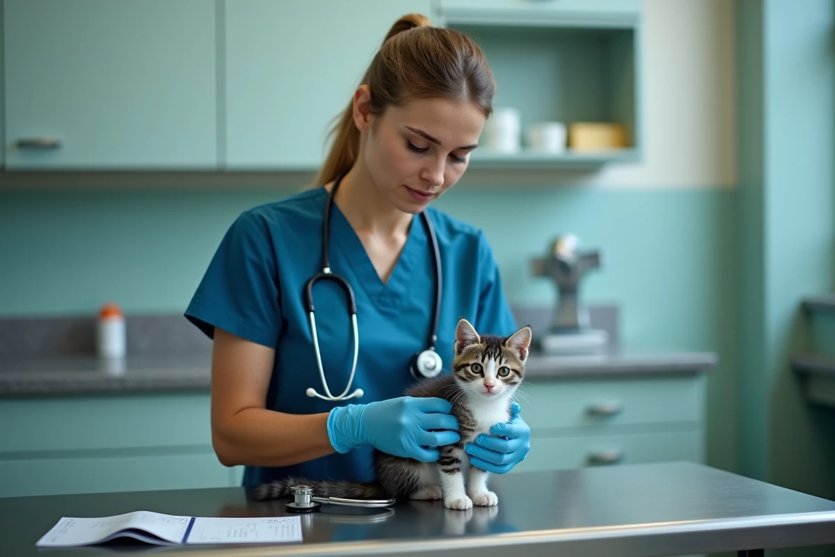 Vétérinaire examinant un chaton lors d'une visite de vaccination avant adoption